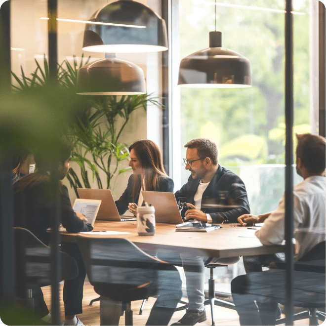 Hiring team collaborating around a conference table